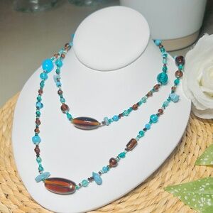 Vintage Glass Beaded Necklace Oblong, Round and Seed Bead, multicolored.